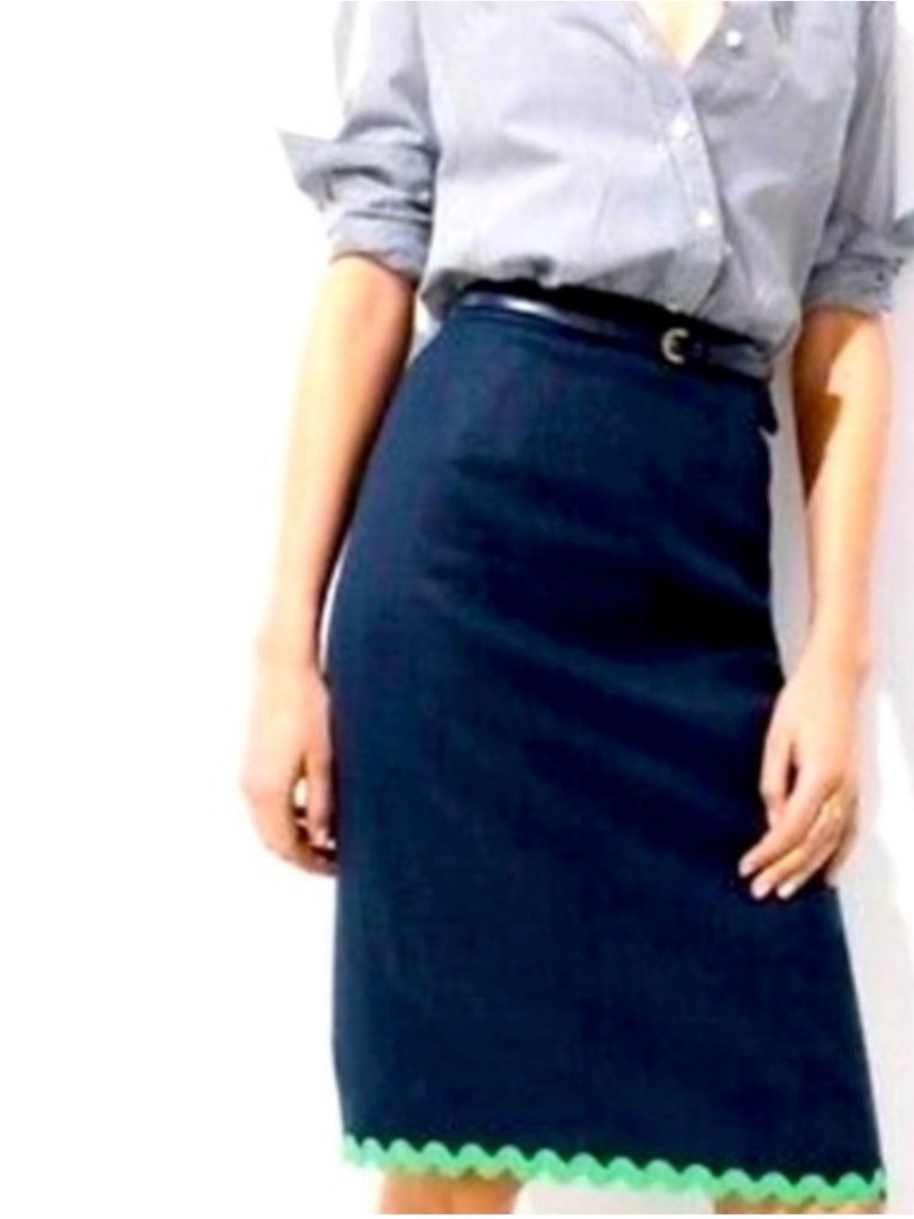 J. Crew Navy Blue Linen Green Zigzag Hem MIDI Pencil Skirt Size 8 J.Crew